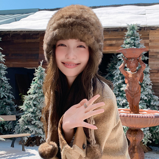 休闲百搭兔毛帽子女冬季保暖雷锋帽大头显脸小可爱真毛皮草女帽