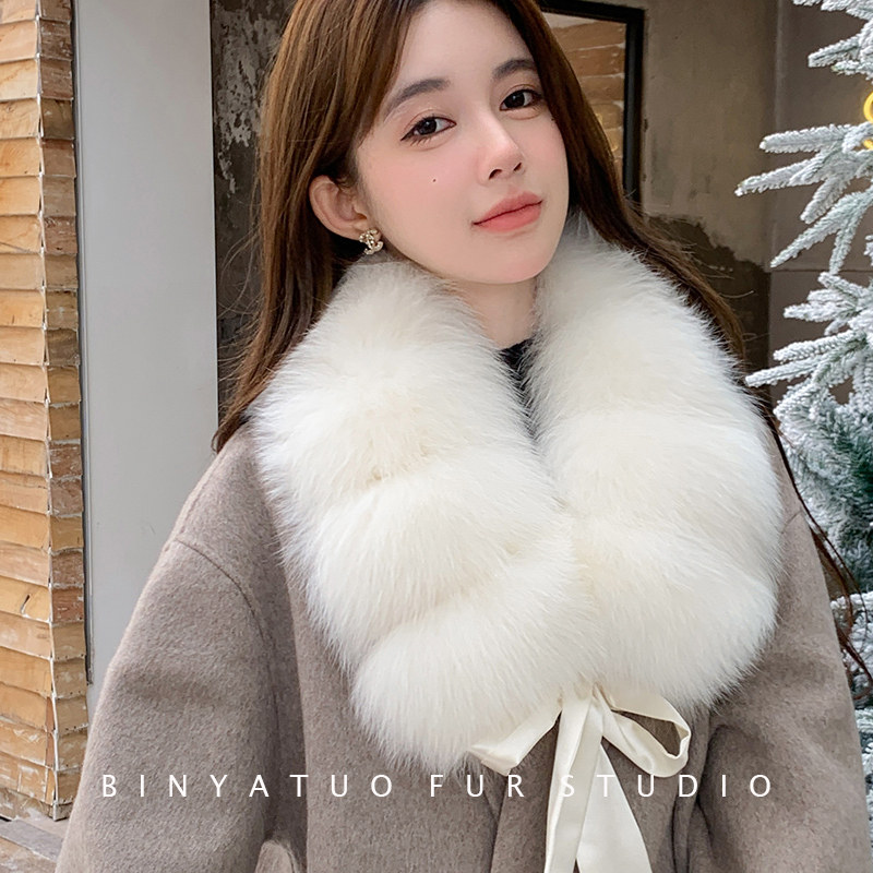 狐狸毛整皮大围巾 秋冬新款保暖甜美蝴蝶结真毛毛领 皮草围脖披肩