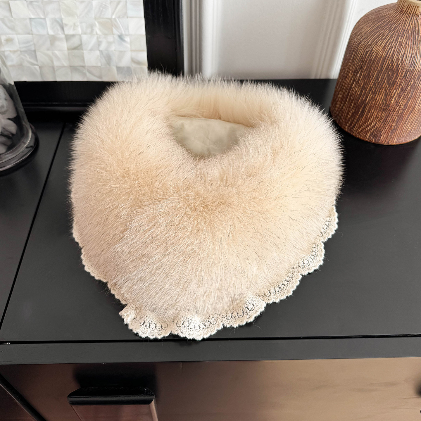 新款狐狸毛甜美小花边皮草围巾国风新中式真毛毛女士冬季毛领