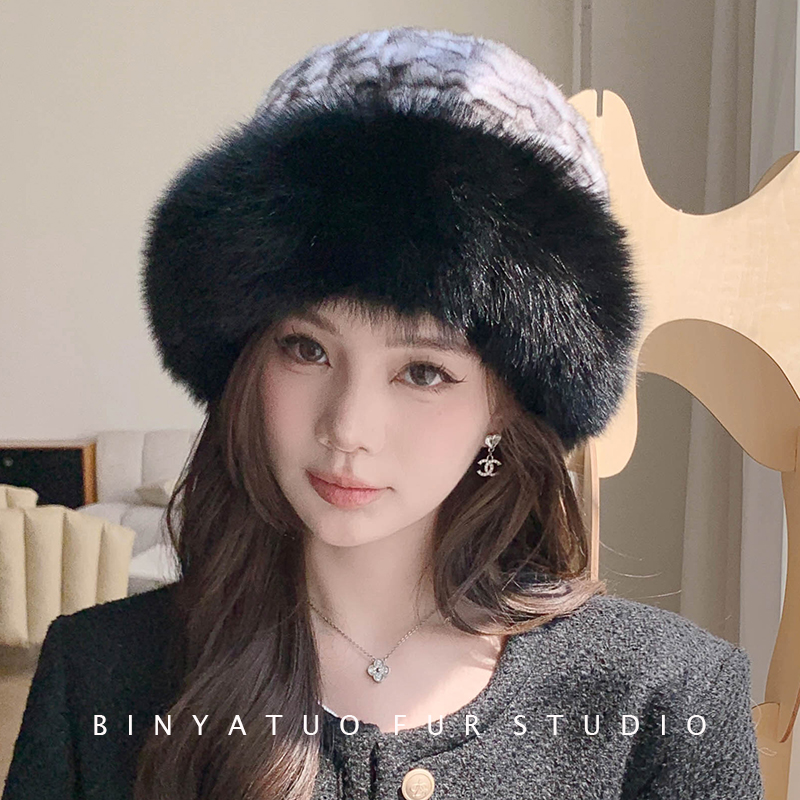 冬季女士皮草渔夫帽龙猫毛配狐狸毛青紫蓝贝雷帽栗鼠毛保暖帽子