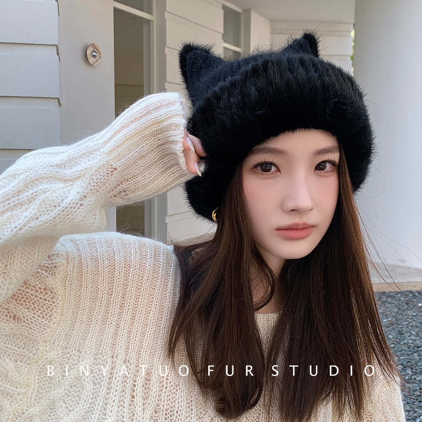 休闲帅性水貂毛编织皮草帽子猫耳朵可爱减龄女士护耳保暖女帽黑色