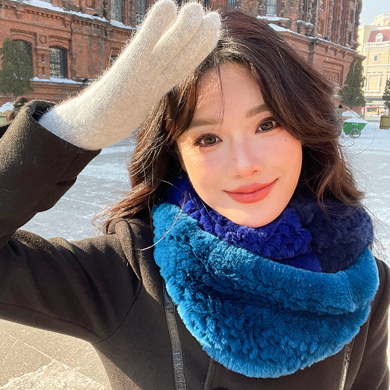 宾雅图 冬季女士獭兔毛长款脖套 双面加厚编织双圈大围脖拼色围巾