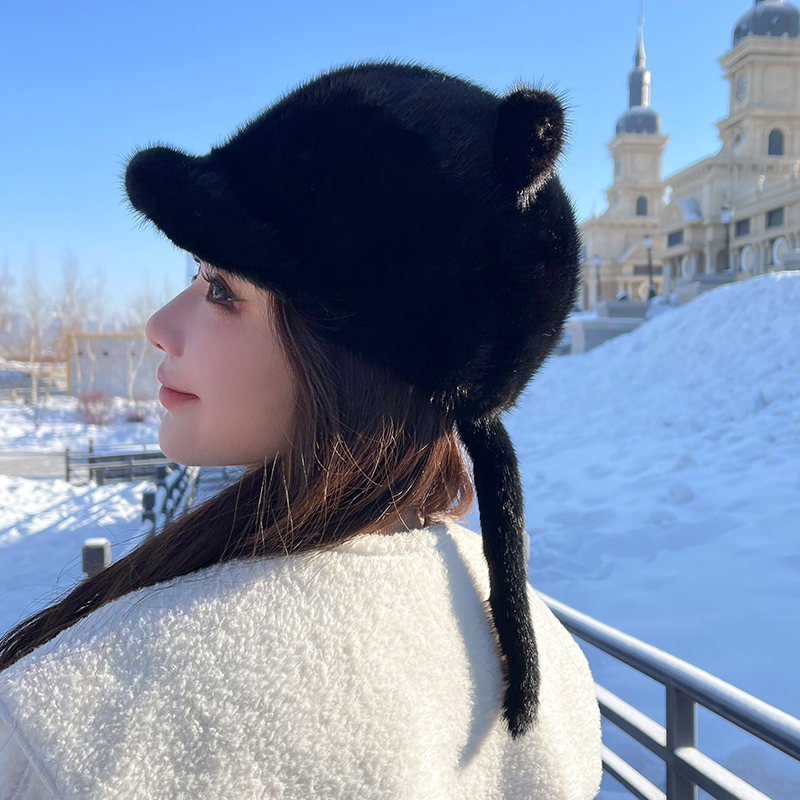 休闲可爱水貂帽子 猫耳朵围脖款鸭舌女士黑色貂皮女帽冬季皮草帽