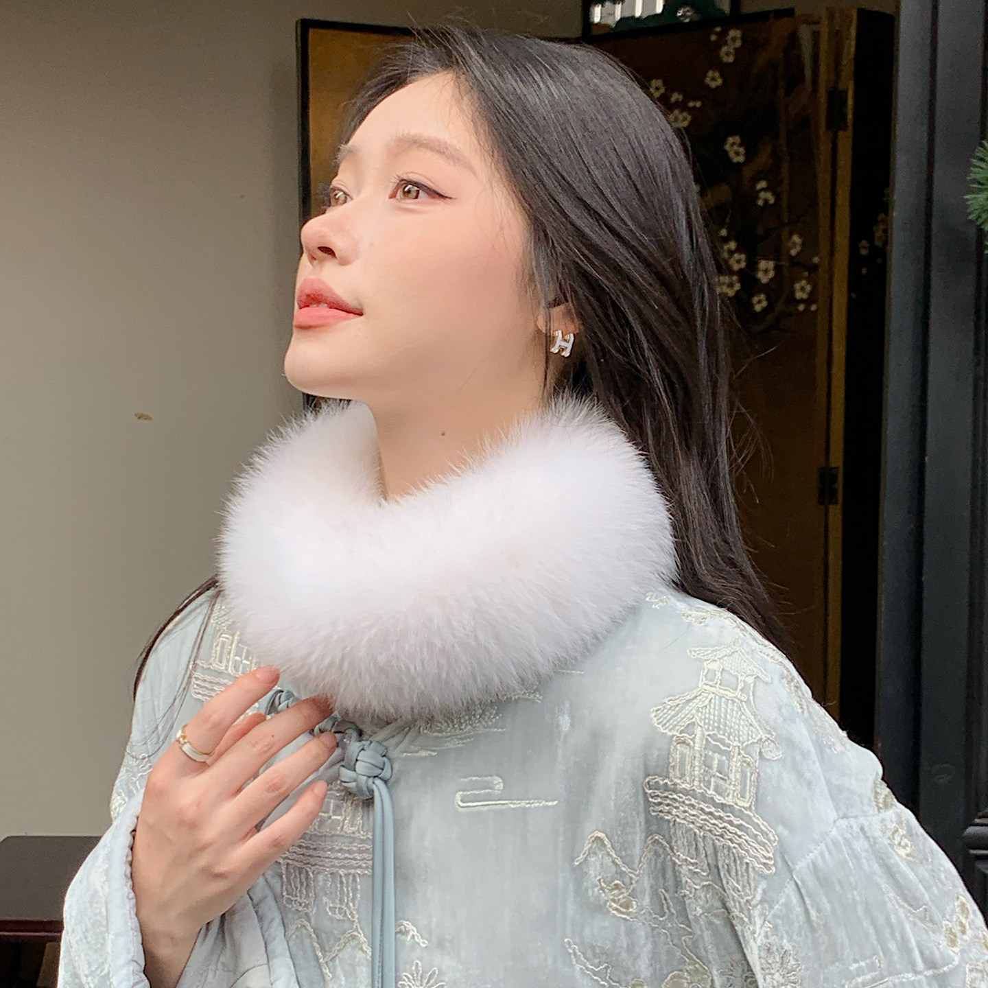 狐狸毛双面吸扣小围脖新中式国风气质纯色皮草一圈皮草毛毛短围巾