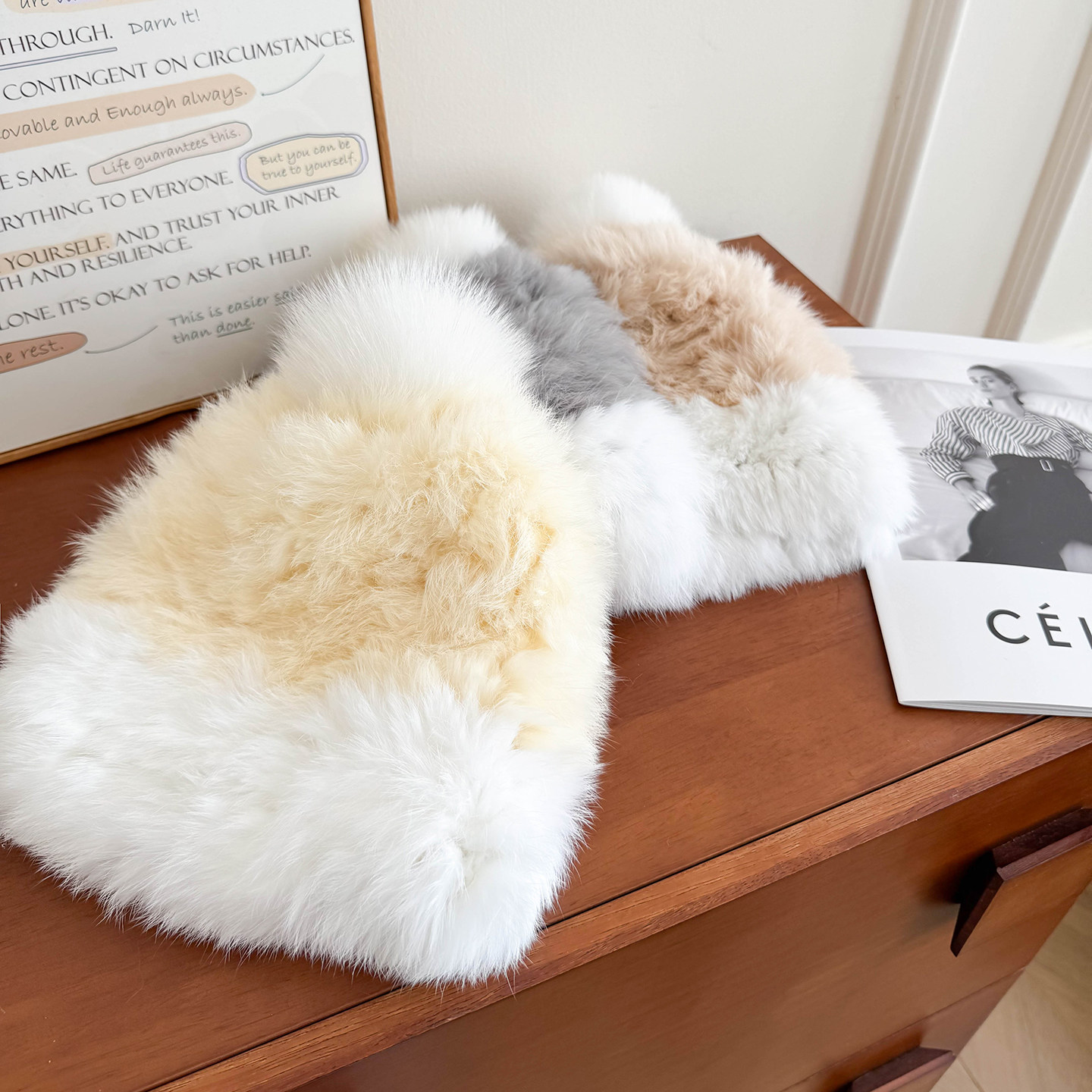 兔毛皮草帽子狐狸毛球可爱休闲灰色百搭显脸小学生毛毛保暖帽