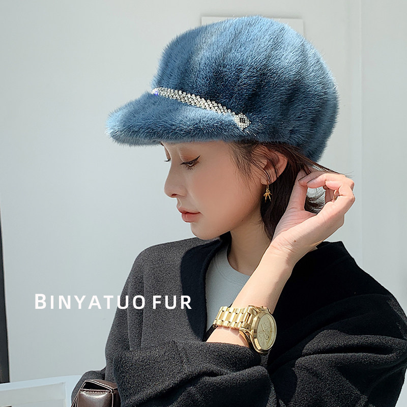 宾雅图 秋冬貂皮女帽 水貂毛水钻鸭舌帽 气质贝雷帽保暖皮草帽子