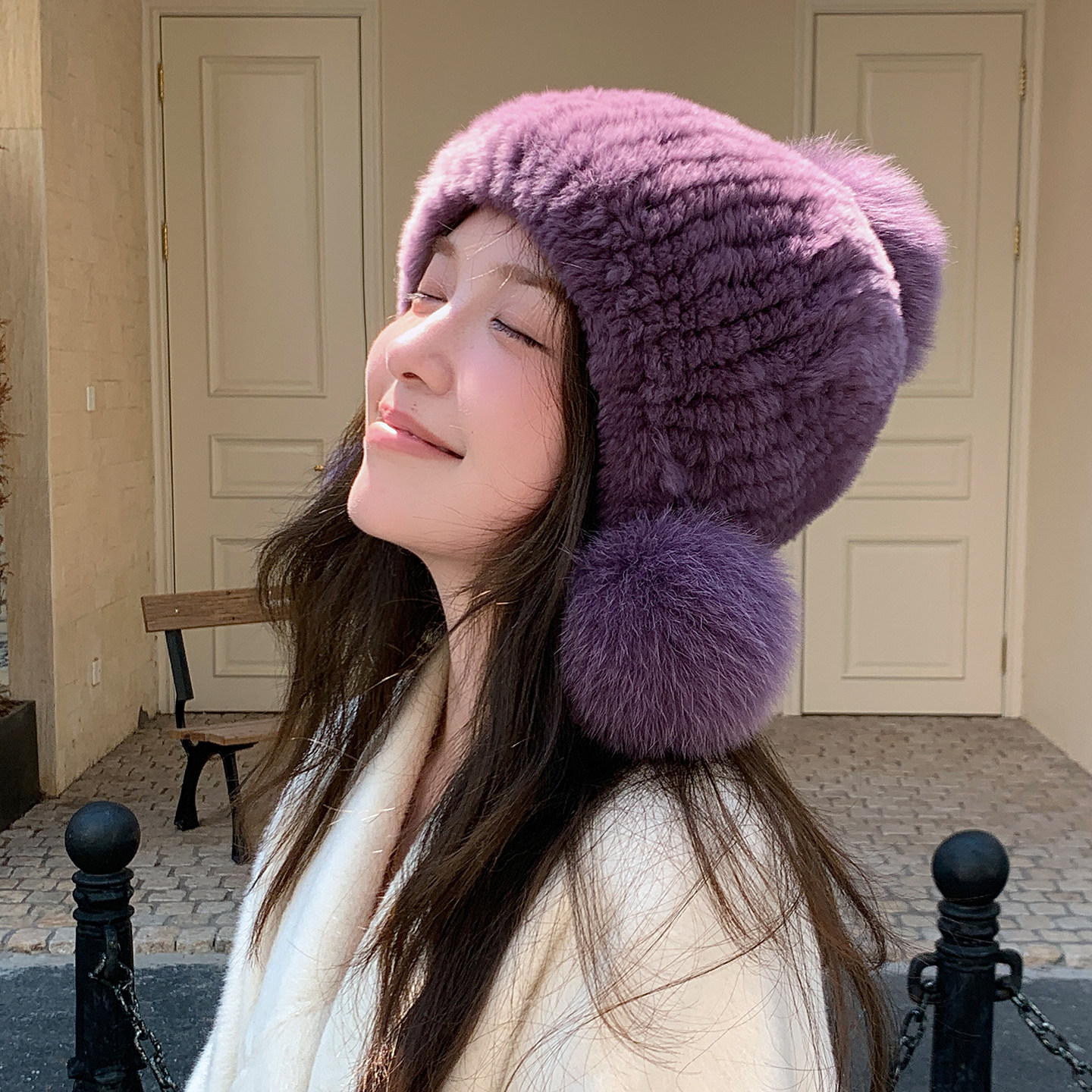 獭兔毛高弹力编织护耳帽子女士秋冬新款狐狸毛球可爱显脸小大头围