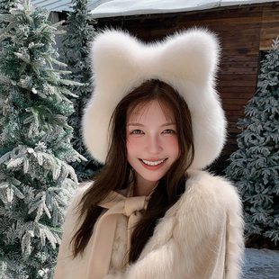 秋冬新款狐狸毛带猫耳朵耳包女士可爱拍照旅行显脸小耳罩暖耳耳捂