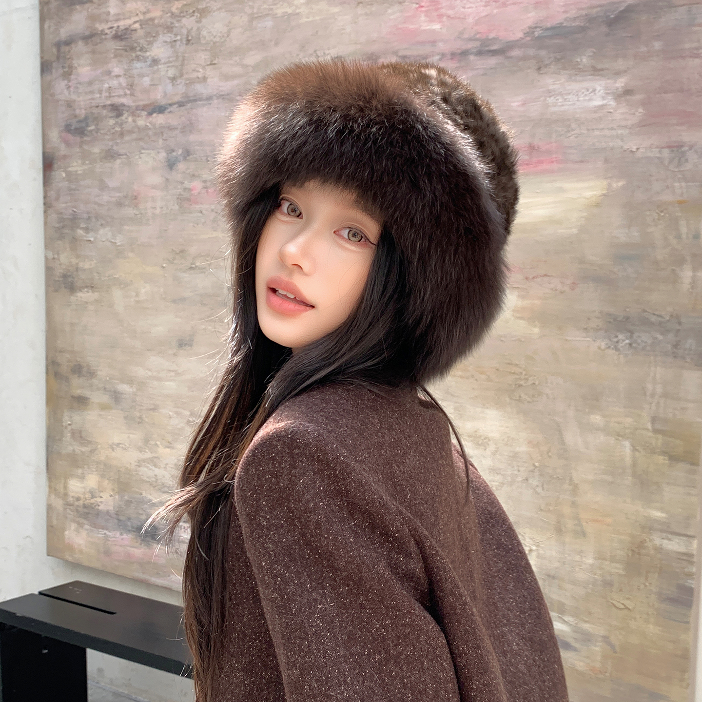 经典渔夫帽狐狸毛帽檐兔毛编织真毛皮草护耳保暖显脸小气质女帽冬