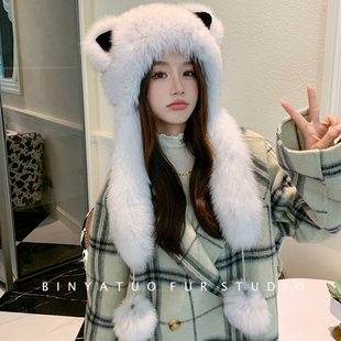 狐狸毛帽子秋冬真毛皮草围巾帽子一体可爱猫耳球球保暖旅行拍照女
