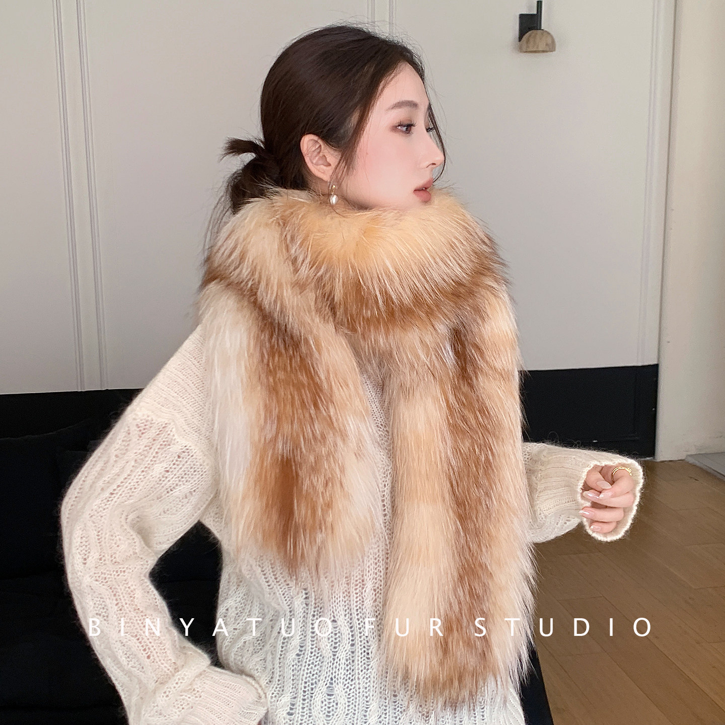 狐狸毛编织天然色红狐长款皮草围巾秋冬金岛狐保暖氛围感围脖披肩