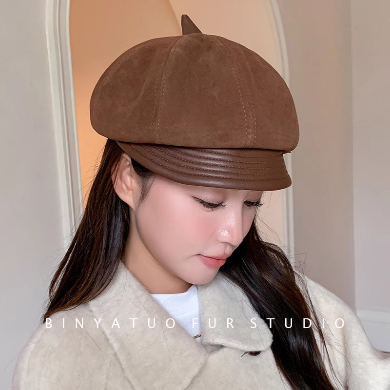 贝雷鸭舌帽日系百搭女秋冬真皮帽