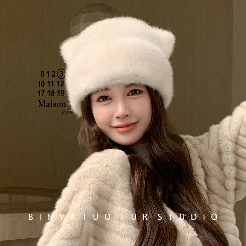 整貂皮女帽 冬季水貂帽子女裘皮可爱护耳减龄休闲皮草帽子韩国