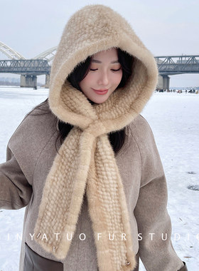手工水貂编织帽子围巾一体风雪帽
