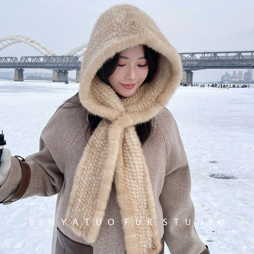 手工水貂编织帽子围巾一体风雪帽