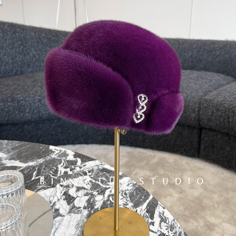 整貂皮新款护耳帽子 女士水貂帽子秋冬保暖裘皮贝雷帽女皮草帽子