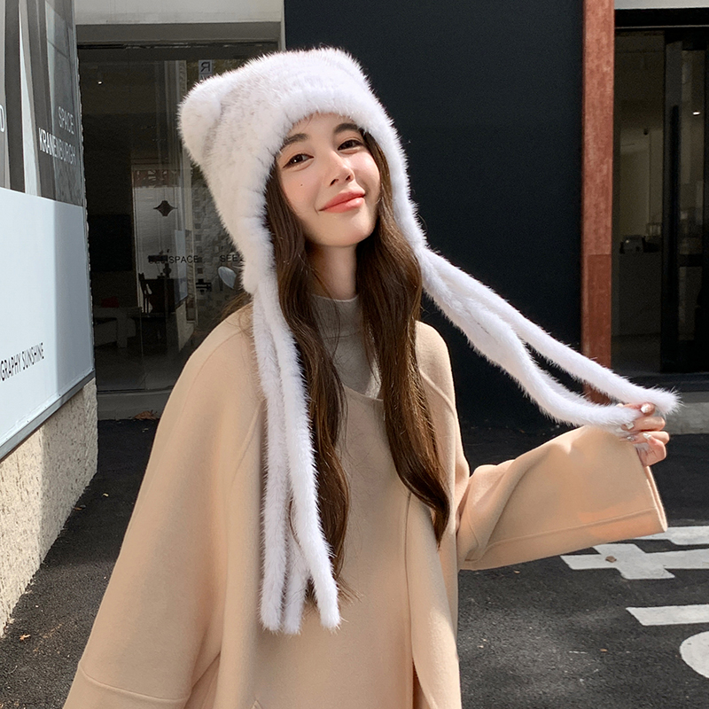 新款唯美长流苏水貂帽子 冬季真毛貂毛小耳朵可爱护耳女帽显脸小