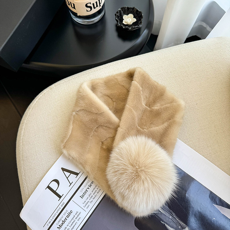 双面水貂毛短款围巾 秋冬女士狐狸毛球球保暖皮草围脖女貂皮脖套