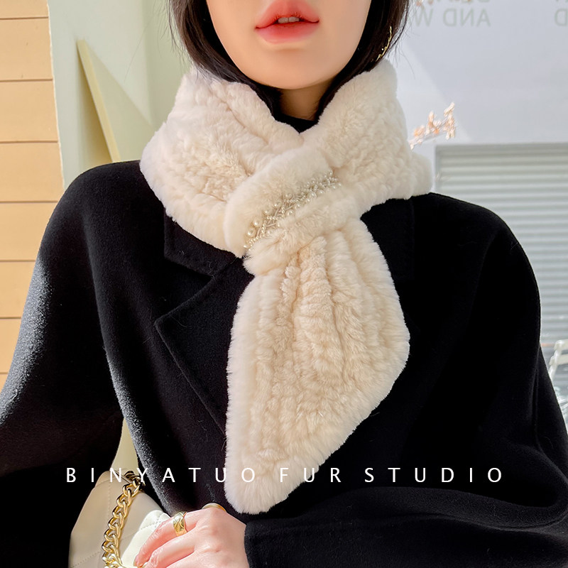 新款皮草围巾 獭兔毛双面编织小香风钉珠冬季保暖围脖女气质款