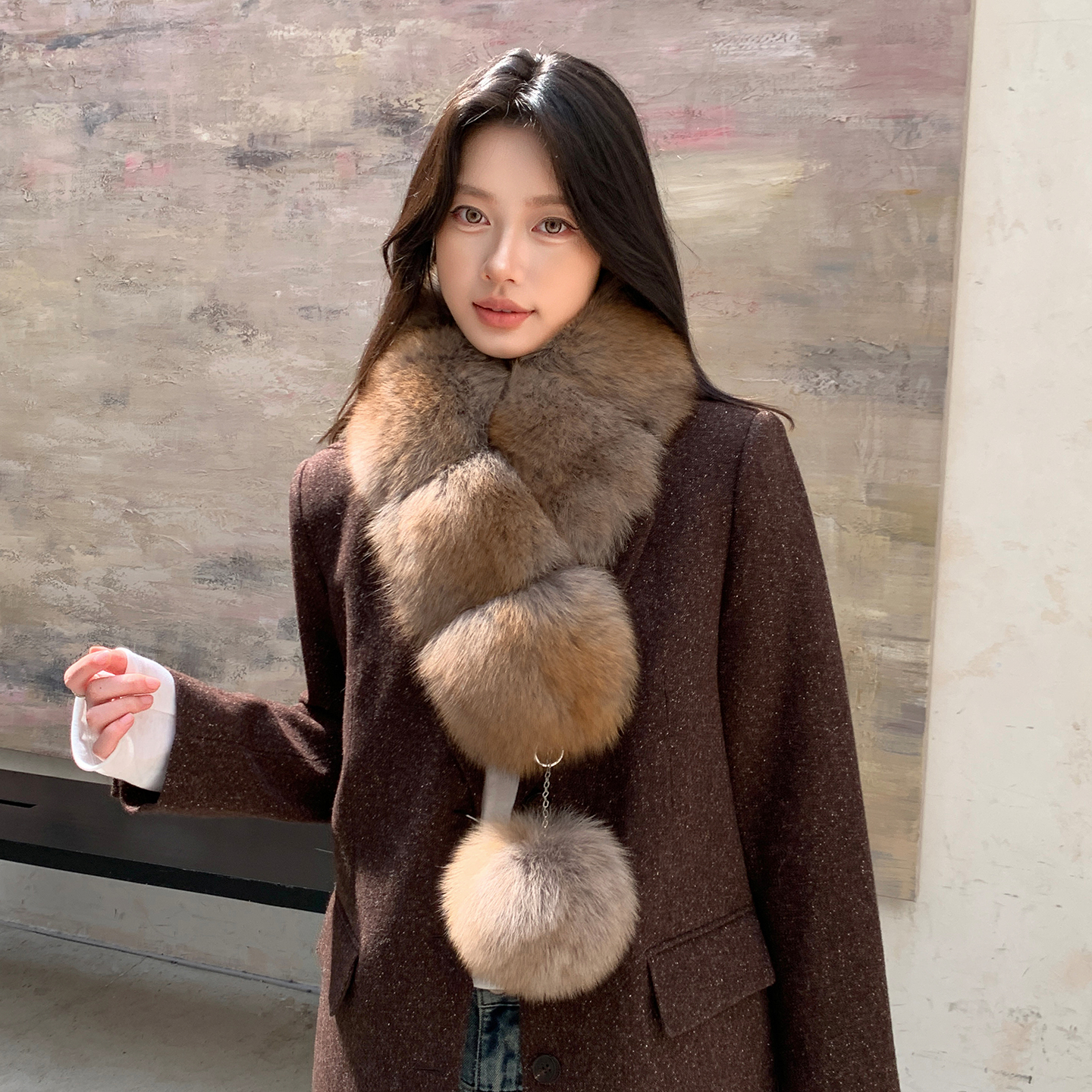 狐狸毛长款大毛球围巾 獭兔毛内里冬季保暖气质皮草围脖女吸扣款