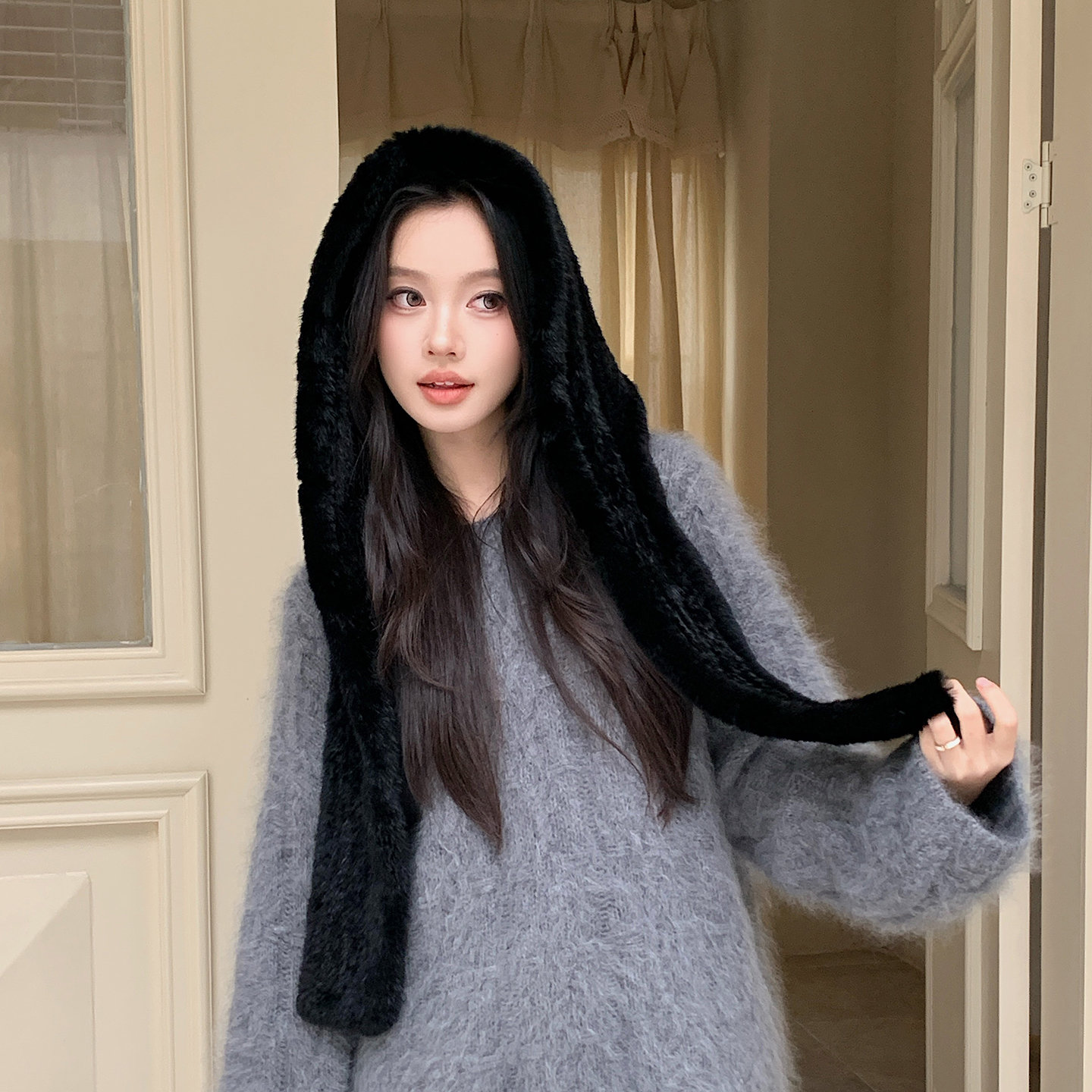 黑色水貂风雪帽冬季保暖貂毛披肩帽子围巾一体貂皮女模洋气百搭