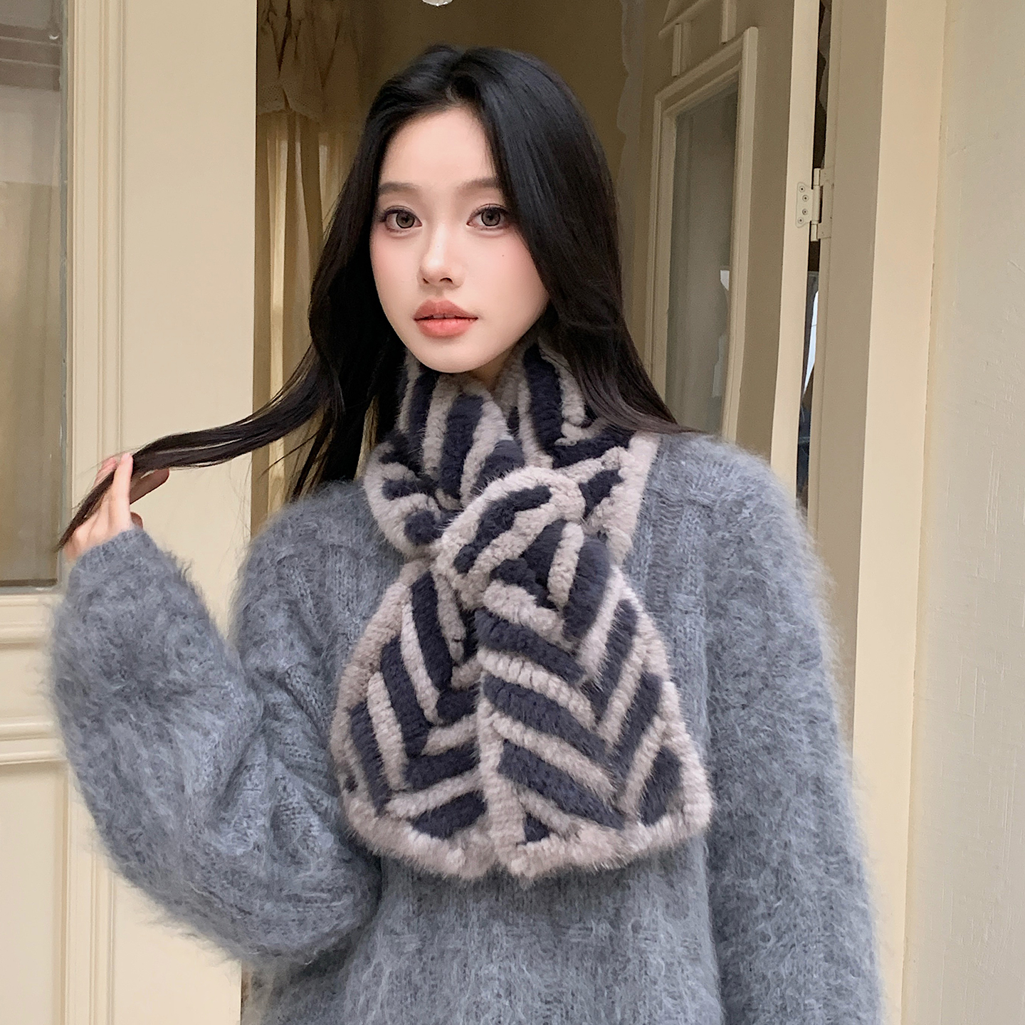 双面条纹手工编织水貂围巾