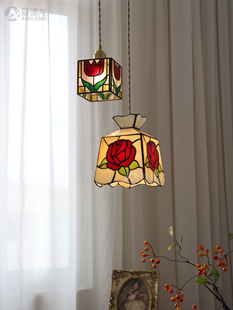 复古风手工彩色玻璃吊灯温馨浪漫玫瑰花郁金香餐厅飘窗床头吊灯