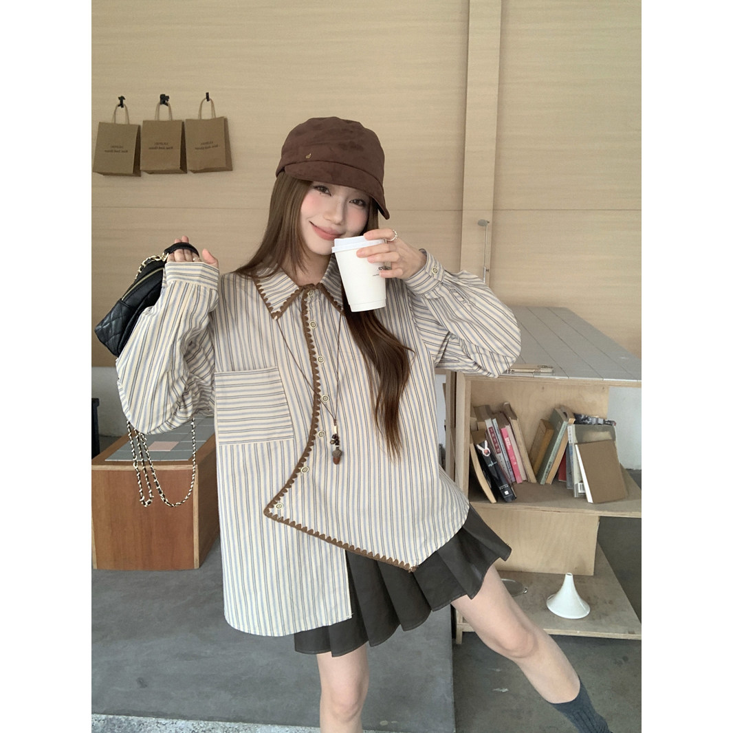 高级感复古不规则条纹长袖衬衫男女春季新款宽松休闲显瘦百搭上衣