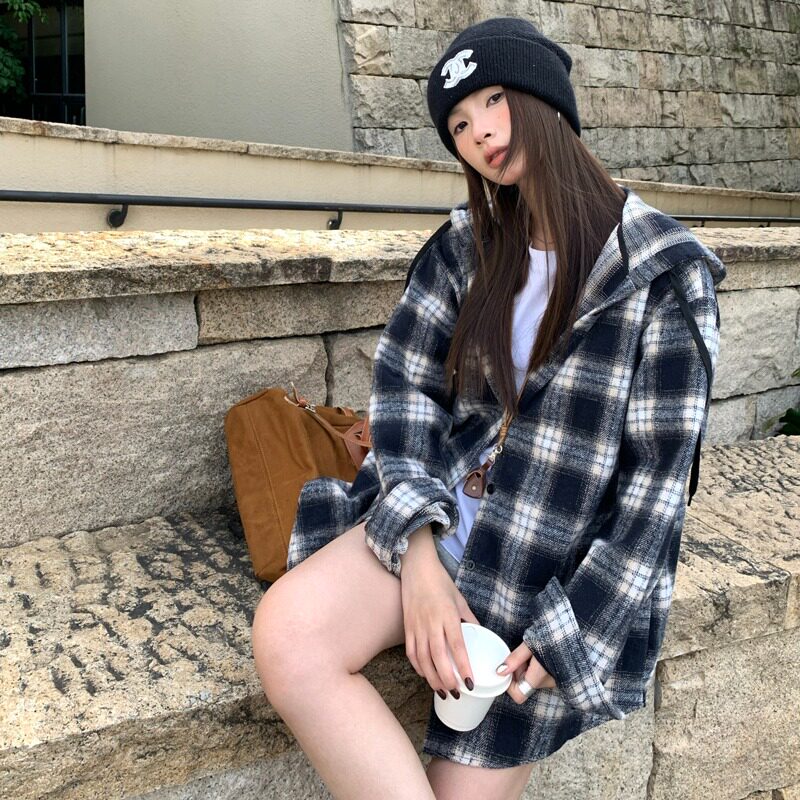 秋款磨毛大码宽松休闲格子连帽衬衫外套时尚百搭慵懒长袖衬衣外搭
