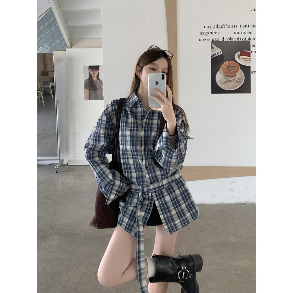 复古设计感小众蓝色格纹衬衫女秋季休闲绑带收腰长袖上衣格子衬衣