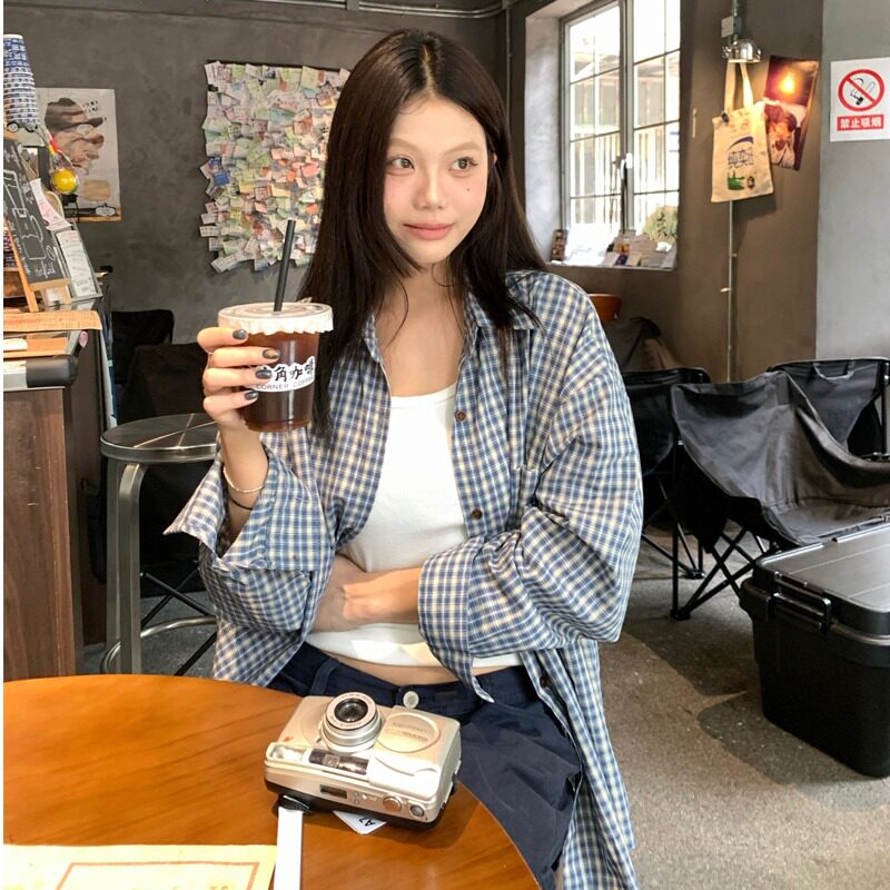 蓝色格子衬衫外套女秋季韩式慵懒小个子上衣夏日宽松防晒开衫衬衣