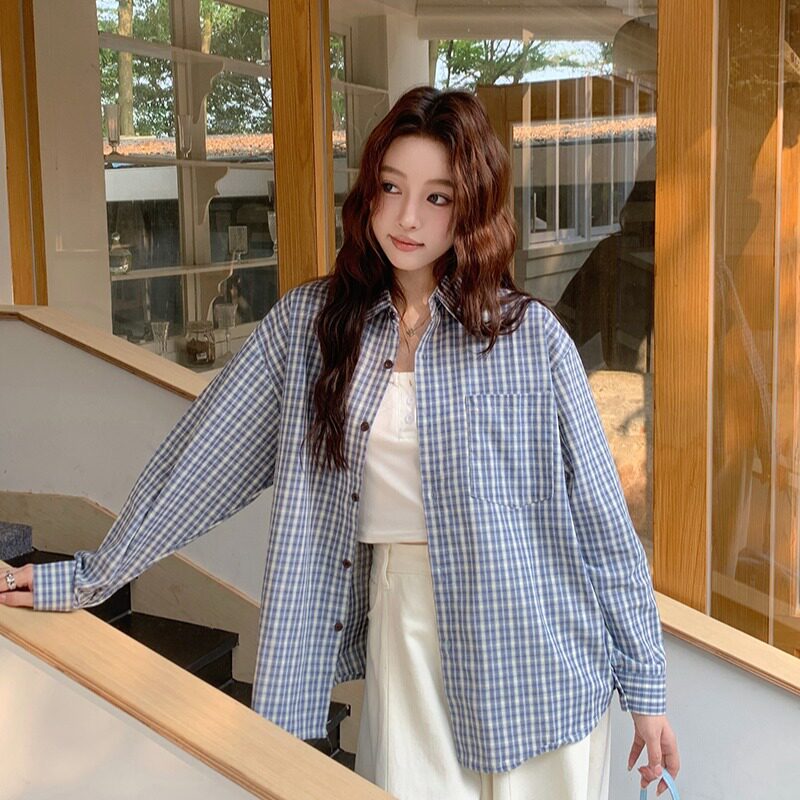 蓝色格子衬衫女薄款川西穿搭长袖防晒衬衣慵懒松弛感早秋上衣外套