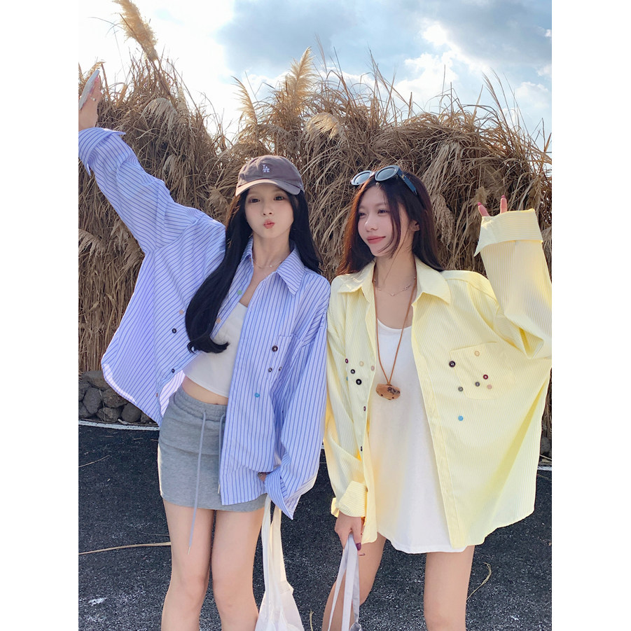 早秋polo宽松休闲男友风长袖条纹衬衫女大码大板气质显瘦衬衣外套