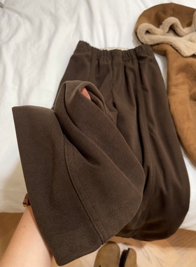 咖色毛呢阔腿裤女冬季加绒胖妹妹mm高腰遮胯显瘦梨型身材休闲裤子