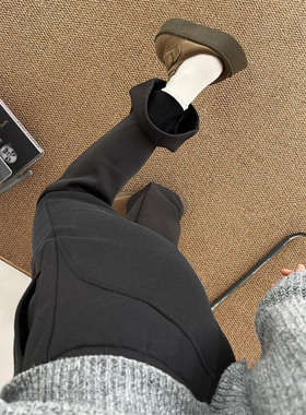 深灰色加绒加厚微喇休闲裤女冬季新款胖妹妹mm高腰显瘦运动卫裤潮