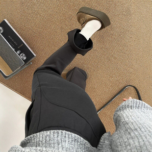 胖妹妹mm高腰显瘦运动卫裤 新款 潮 女冬季 深灰色加绒加厚微喇休闲裤