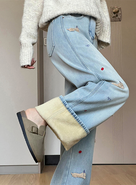 设计感腊肠狗刺绣牛仔裤女冬季加绒胖妹妹mm高腰宽松显瘦阔腿长裤