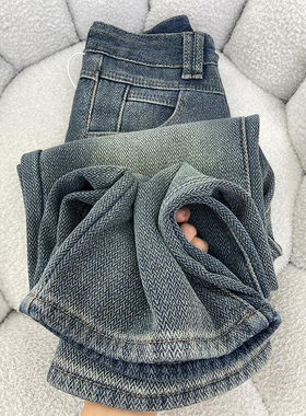 星空纹麦穗牛仔裤女秋冬款胖妹妹mm梨型身材高腰遮胯显瘦阔腿长裤