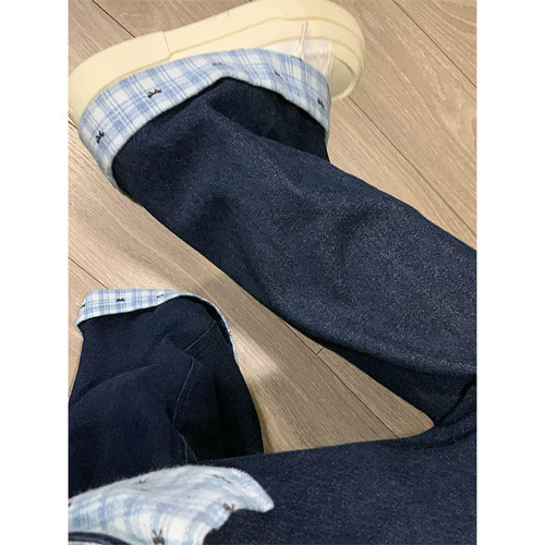 巨显瘦！美式格子拼接牛仔裤~