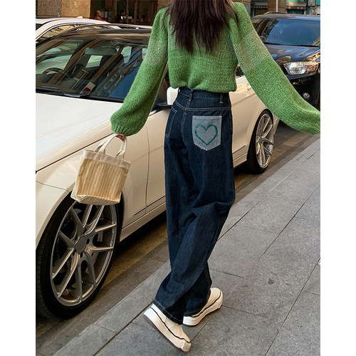 爱心直筒阔腿牛仔裤女