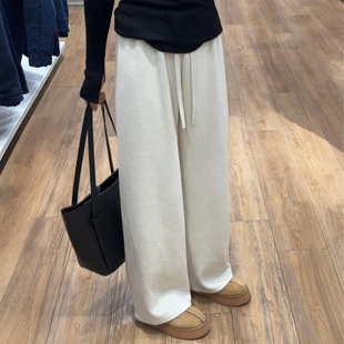 胖妹妹mm高腰宽松显瘦垂坠感软糯阔腿长裤 米白色休闲裤 女秋冬新款