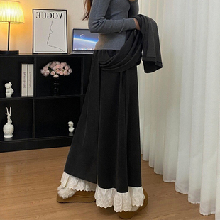 子 胖妹妹mm遮胯显瘦阔腿休闲裤 深灰色蕾丝花边毛呢裙裤 女秋冬新款