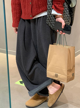 深灰色毛呢休闲裤女秋冬加绒胖妹妹mm梨型身材高腰宽松显瘦阔腿裤