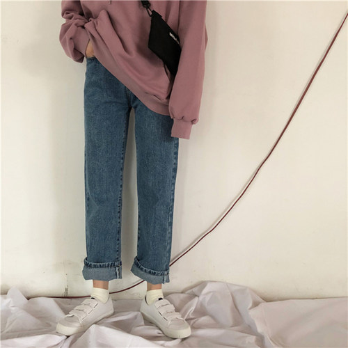 微胖女孩直筒宽松九分牛仔裤