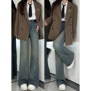 复古蓝微喇牛仔裤 子 女秋冬加绒胖妹妹mm高腰显瘦不贴腿弹力喇叭裤