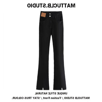 梨型身材黑色微喇开叉牛仔裤女新款胖妹妹mm高腰显瘦弹力直筒裤子