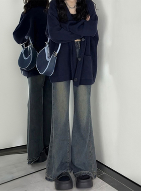 复古微喇牛仔裤女秋冬加绒胖妹妹mm梨型身材高腰显瘦毛边喇叭长裤