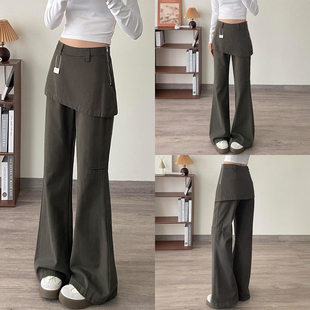 阔腿裤 美式 胖妹妹mm高腰遮胯显瘦工装 女秋冬新款 假两件微喇牛仔裤