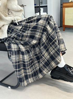 毛呢格子半身裙女秋冬新款胖妹妹mm高腰遮胯显瘦中长款a字蛋糕裙