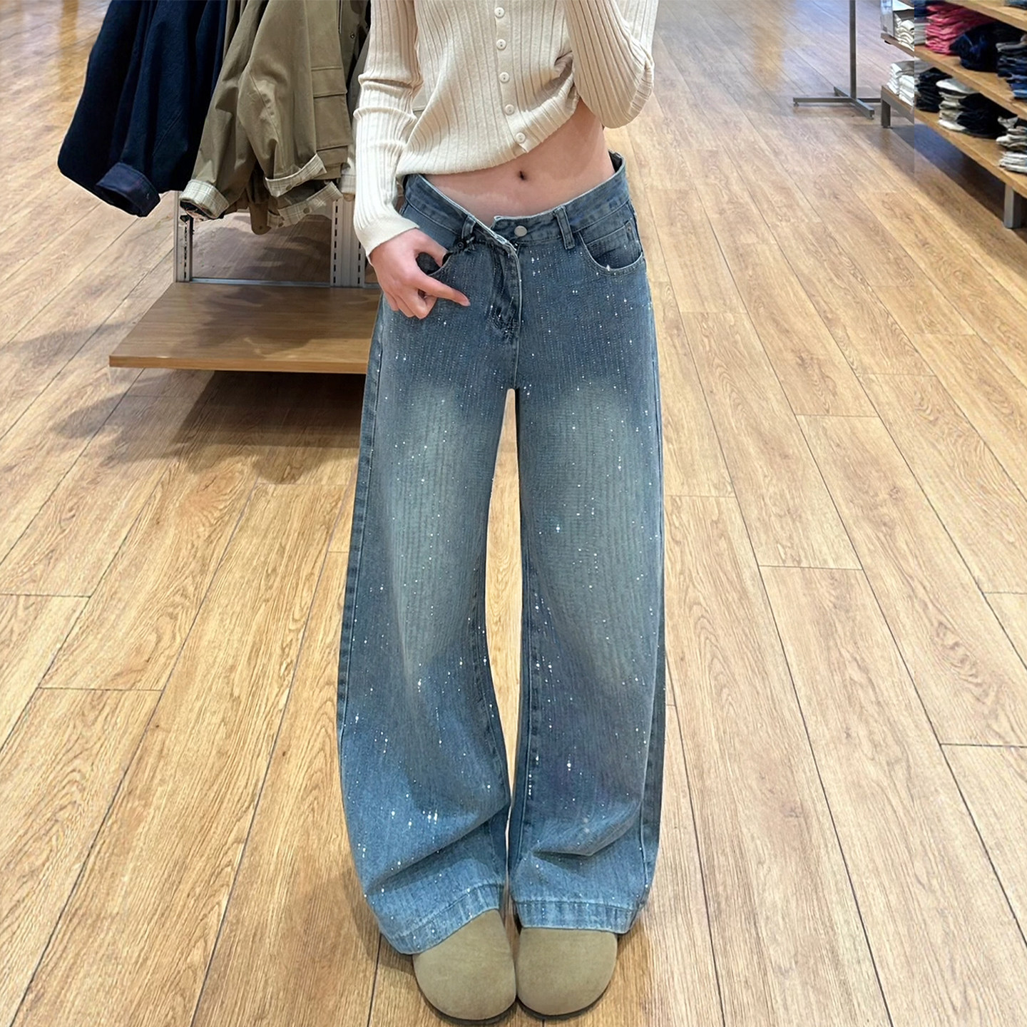 复古满天星烫钻阔腿牛仔裤女秋冬加绒加厚胖妹妹mm梨型身材直筒裤,女装/女士精品,大码裤装,淘宝优惠券,粉丝福利购,淘宝优惠卷